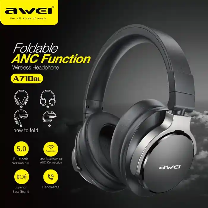 Awei A710BL Wireless Bluetooth Gaming Headphones ANC Bluetooth 5.0 Music Headset Over the Ear Type c ports Headphone With Mic Foldable Design HD call HIFI Bass Stereo Sound Wireless Headsets With Micr